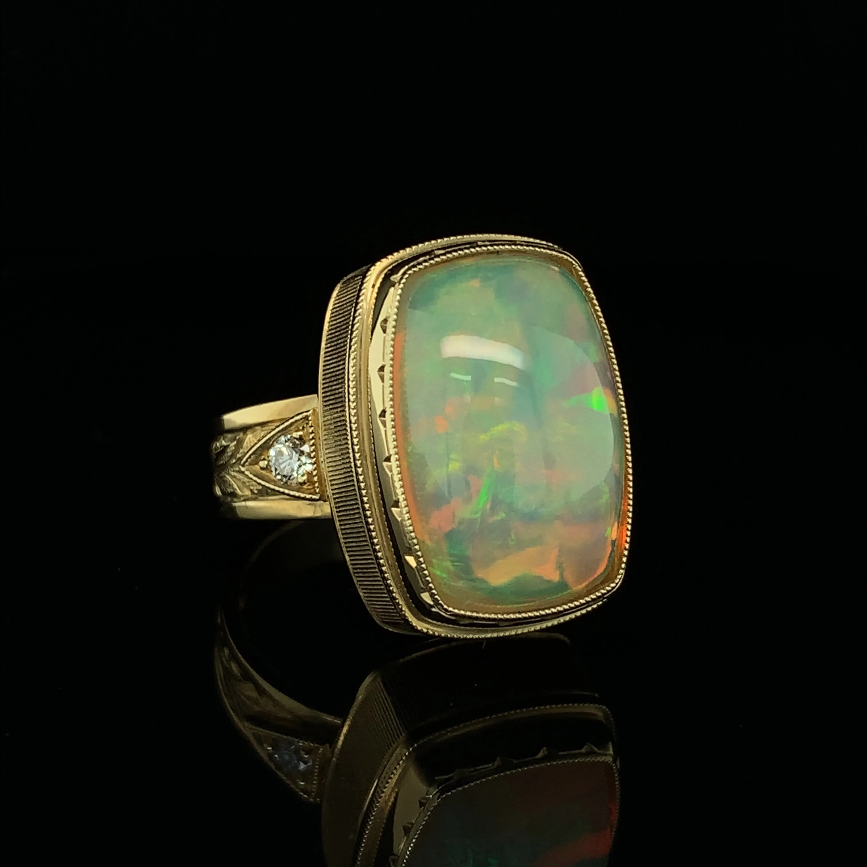 9.62 Carat Cushion Opal, Diamond, Yellow Gold Bezel Dome Band Cocktail Ring
