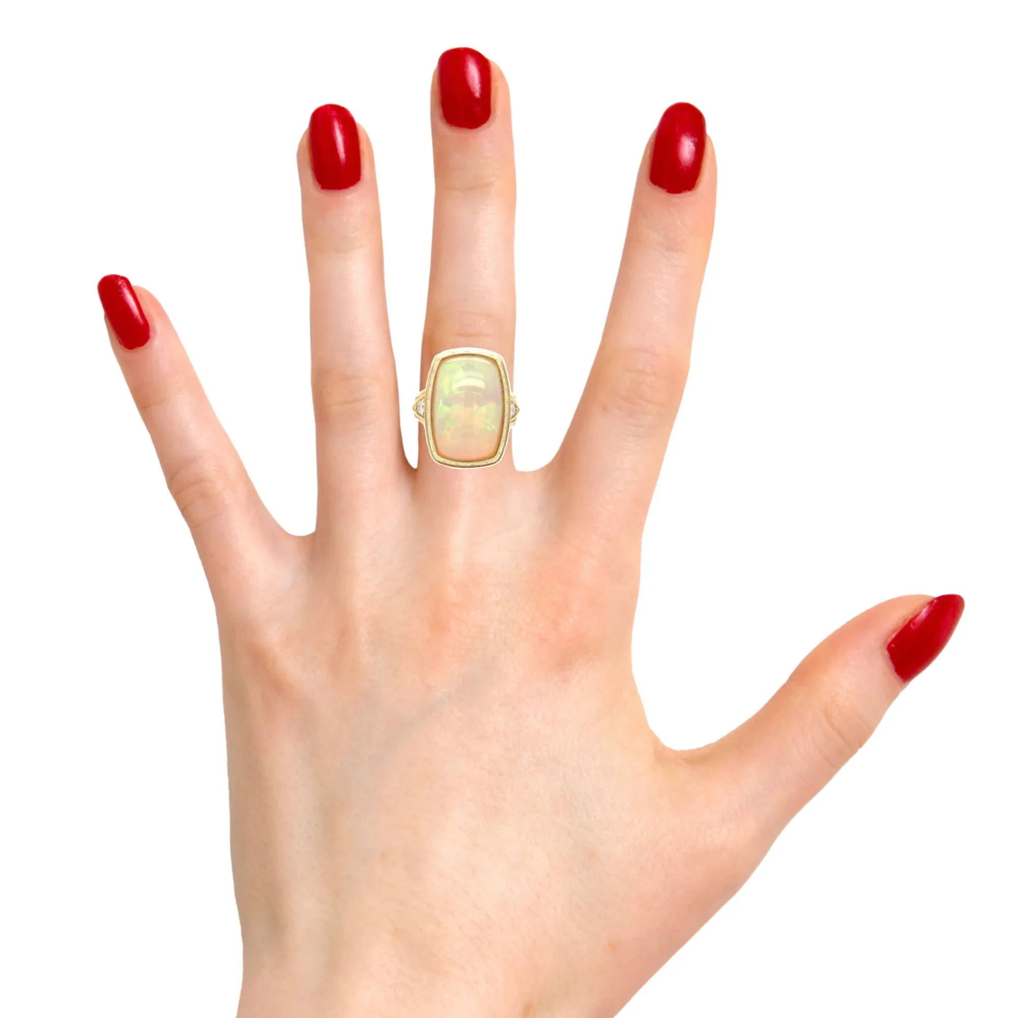 9.62 Carat Cushion Opal, Diamond, Yellow Gold Bezel Dome Band Cocktail Ring