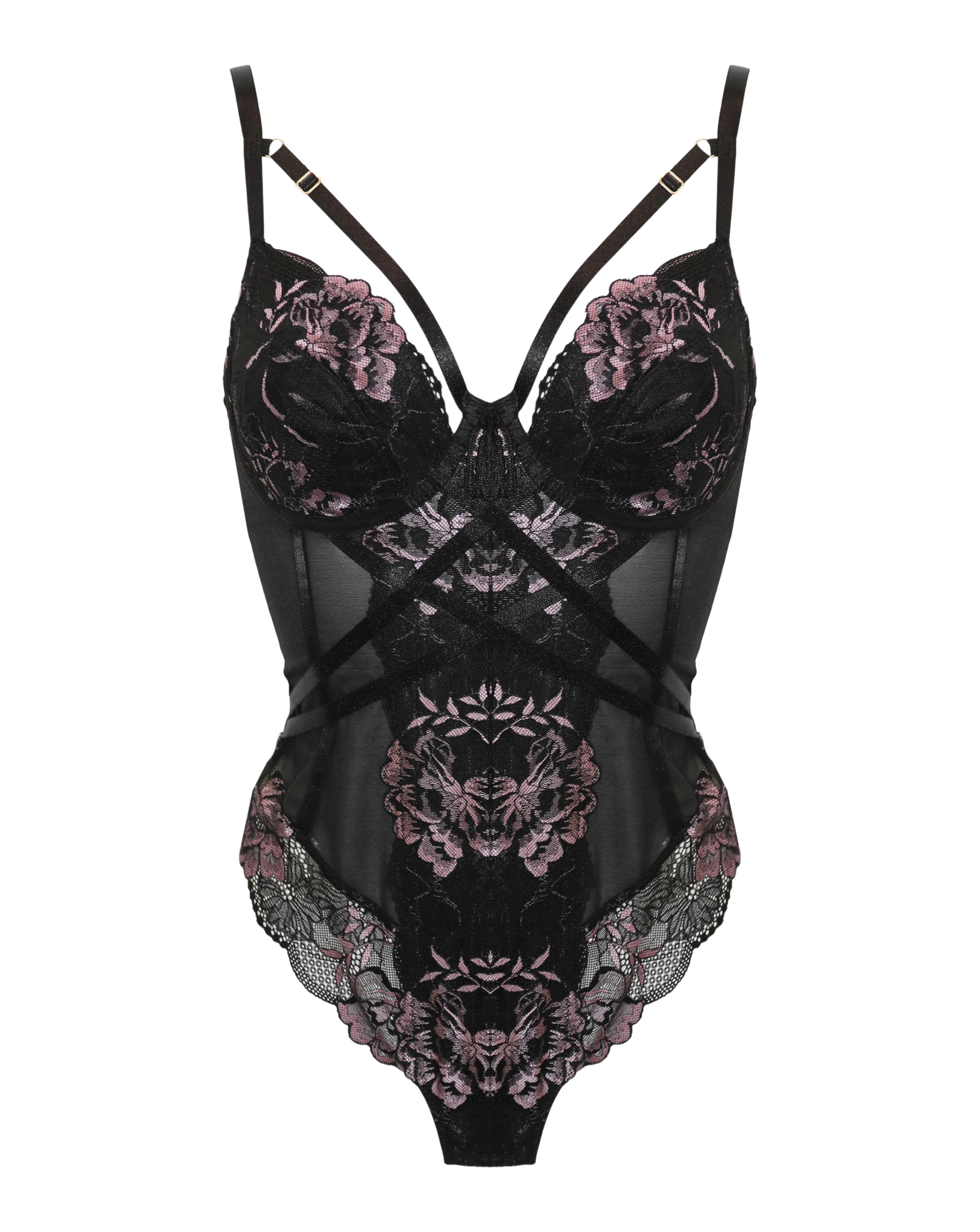After Hours Underwire Thong Black Bodysuit In Black & Soft Pink - Pour Moi