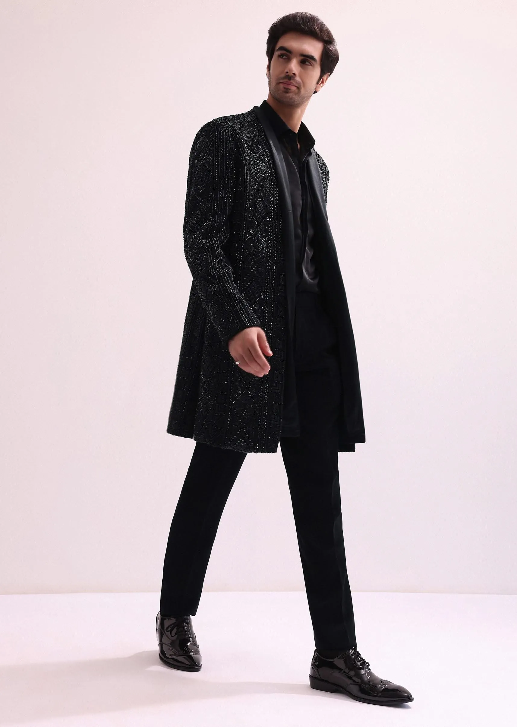 Black Indo Western Lapel Jacket With Shirt And Pant