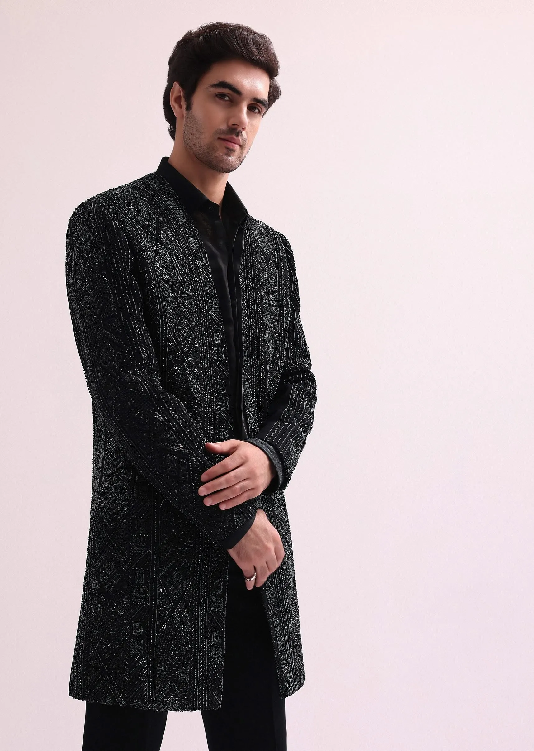 Black Indo Western Lapel Jacket With Shirt And Pant