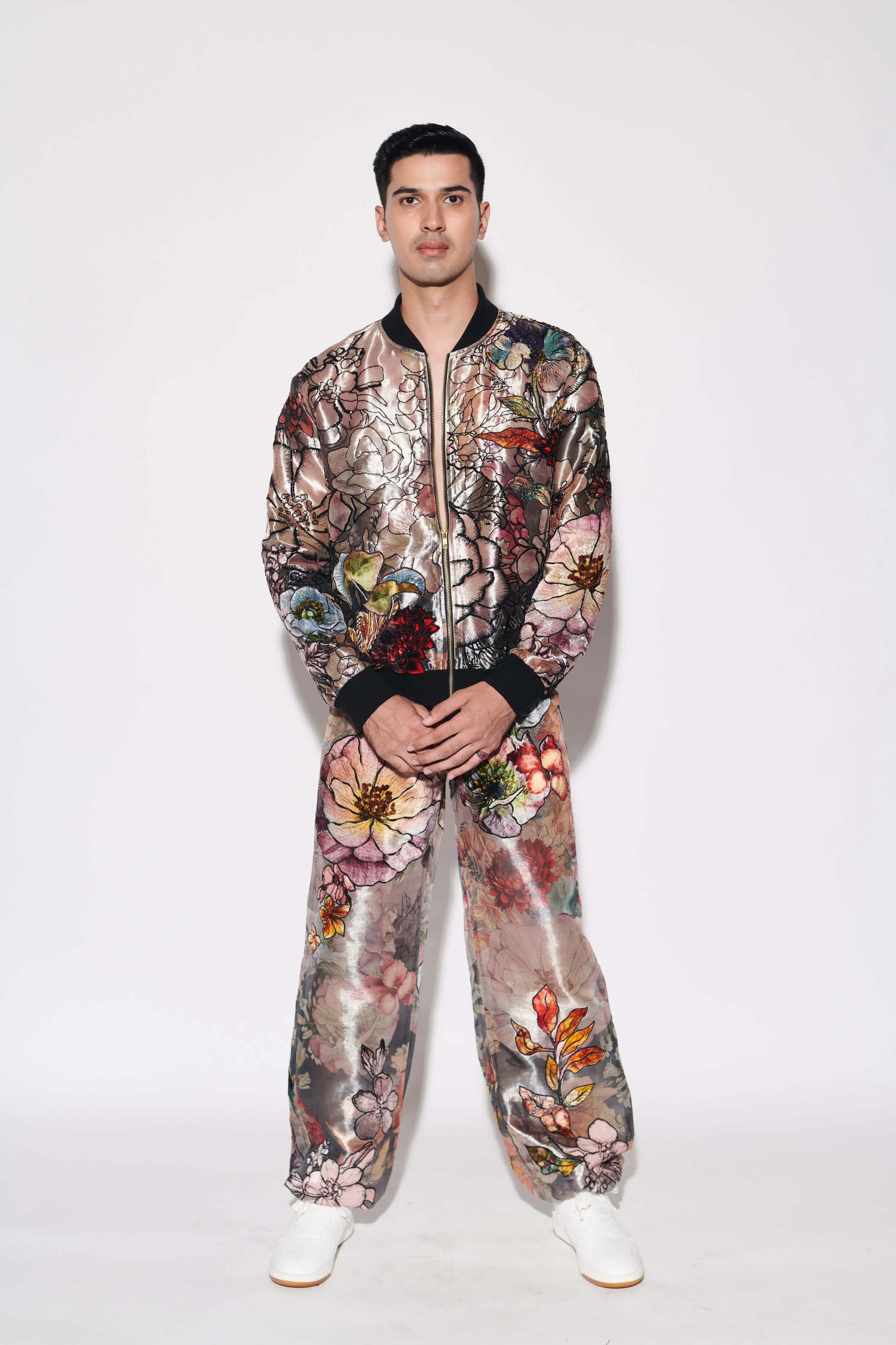Black Printed Bomber Jacket Set