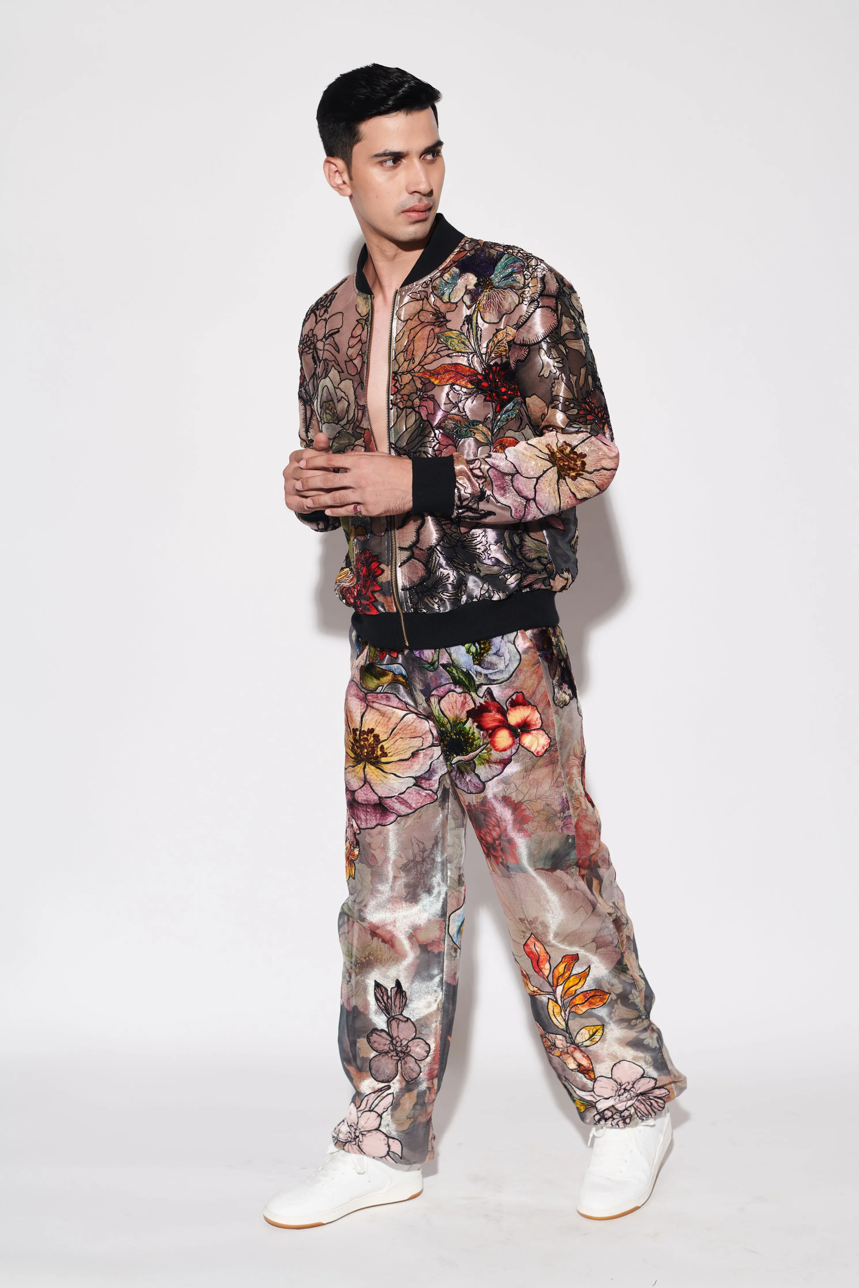 Black Printed Bomber Jacket Set