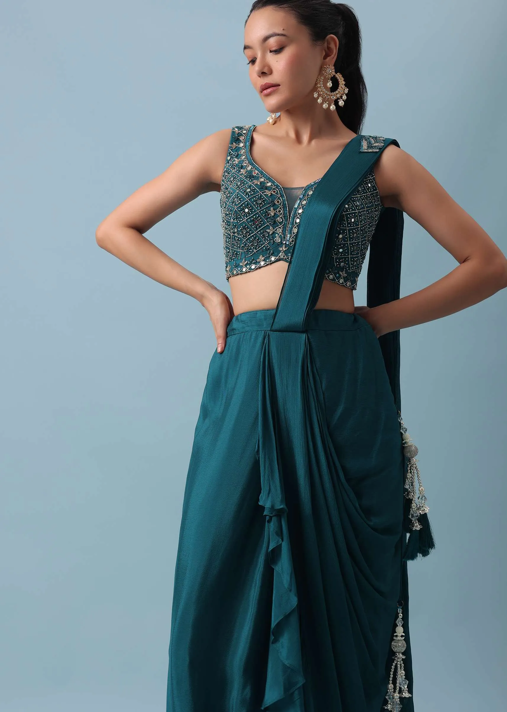 Blue Lehenga Set with Attached Dupatta And Mirror Work