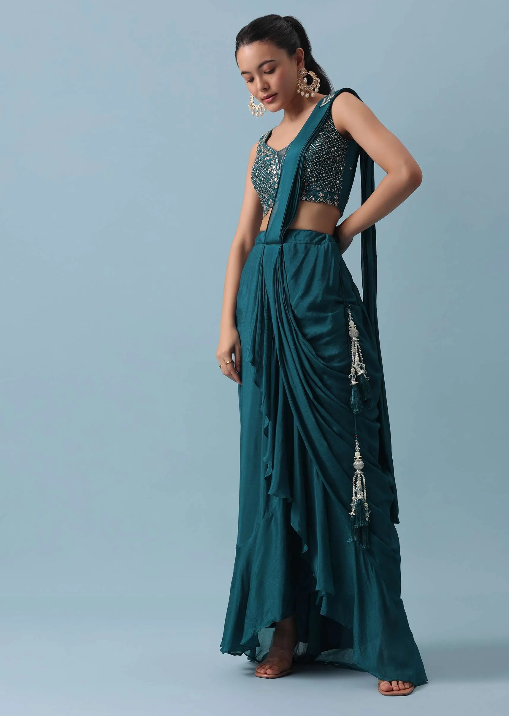 Blue Lehenga Set with Attached Dupatta And Mirror Work