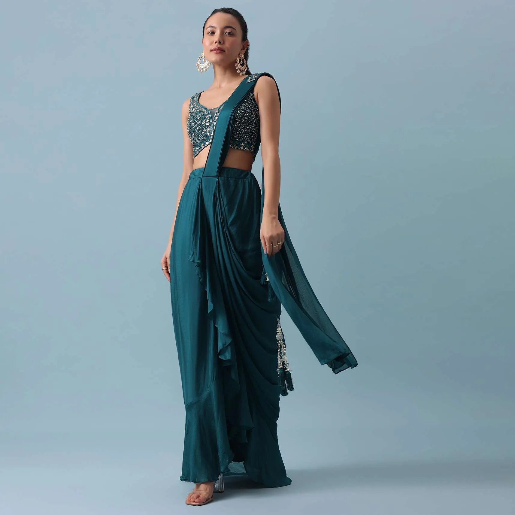 Blue Lehenga Set with Attached Dupatta And Mirror Work