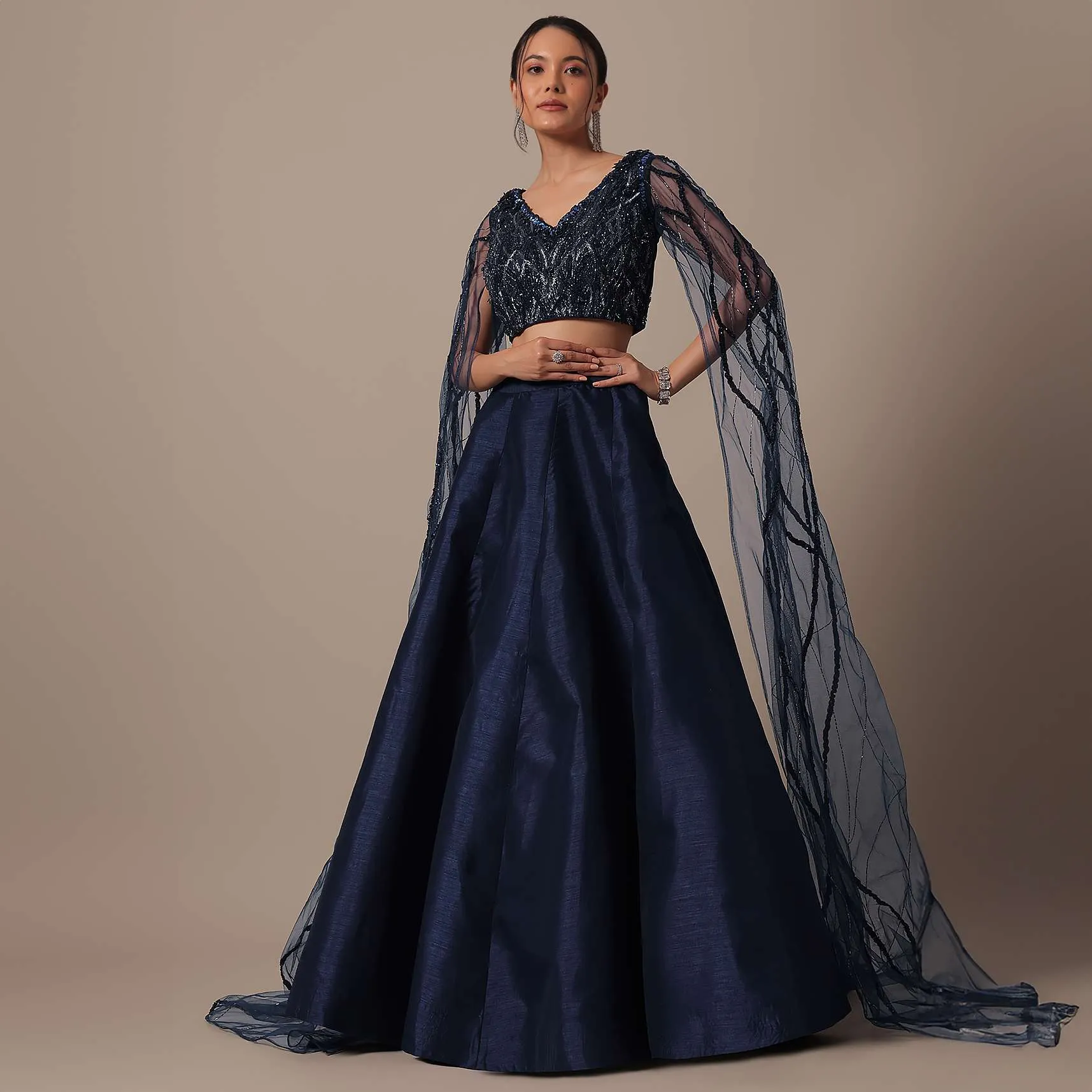 Blue Lehenga Set With Draped Blouse