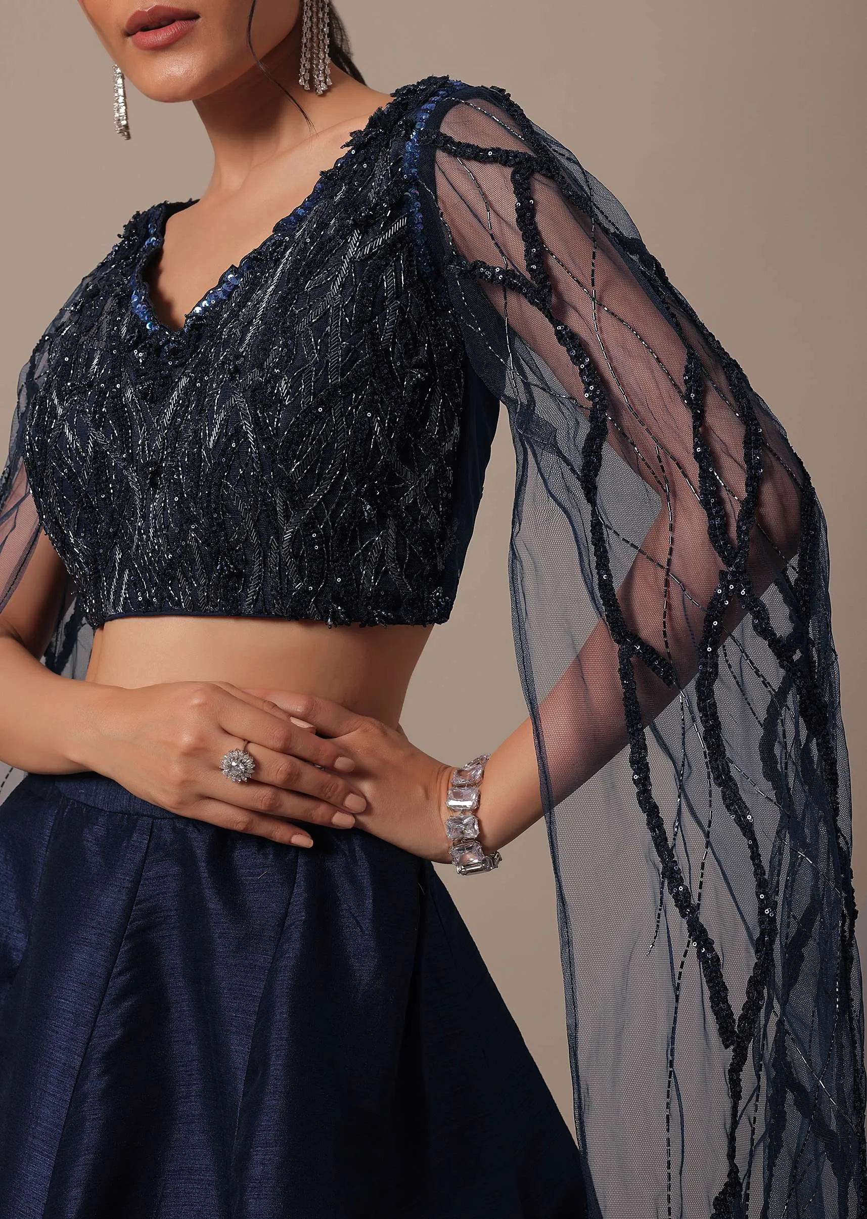 Blue Lehenga Set With Draped Blouse