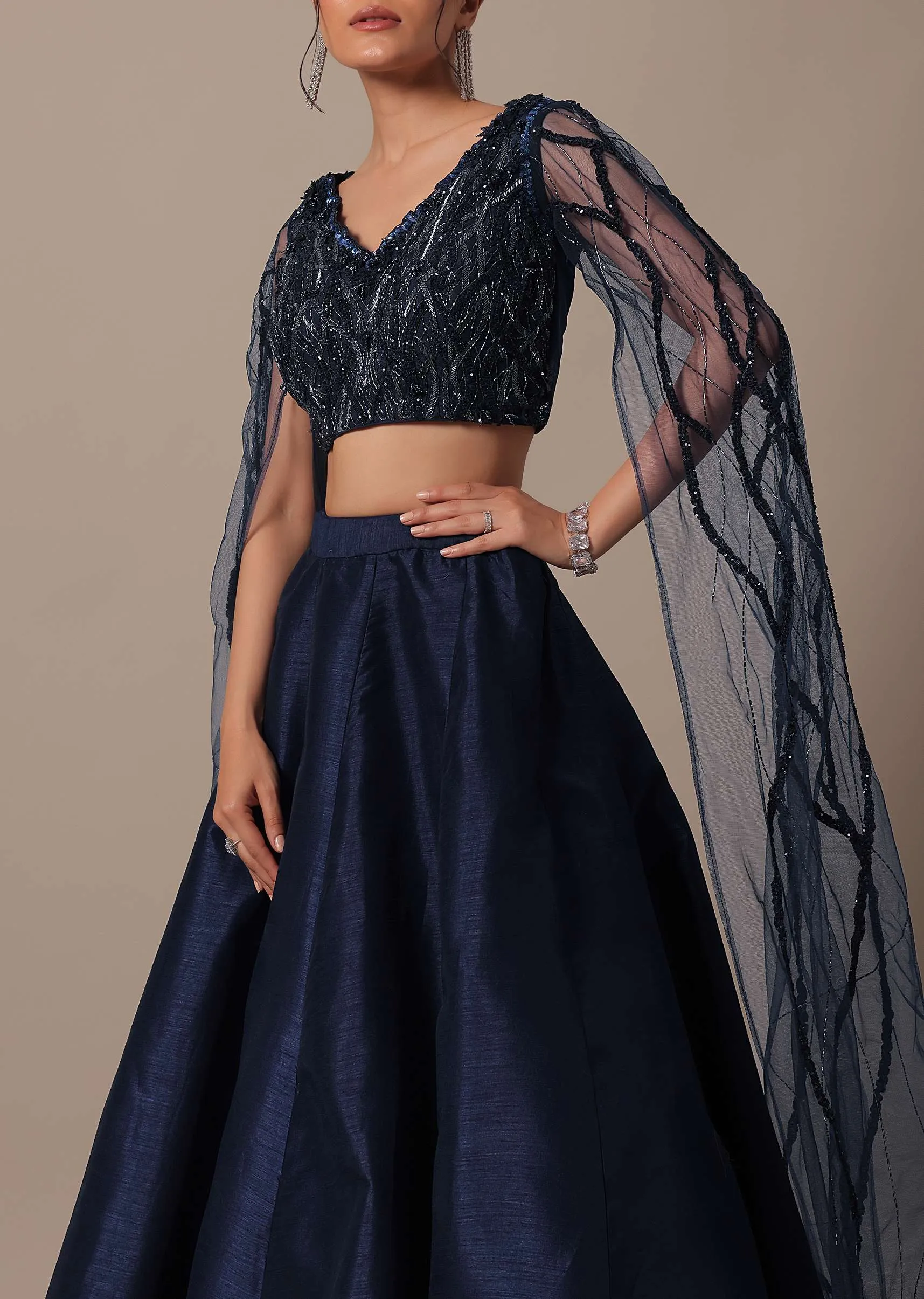 Blue Lehenga Set With Draped Blouse