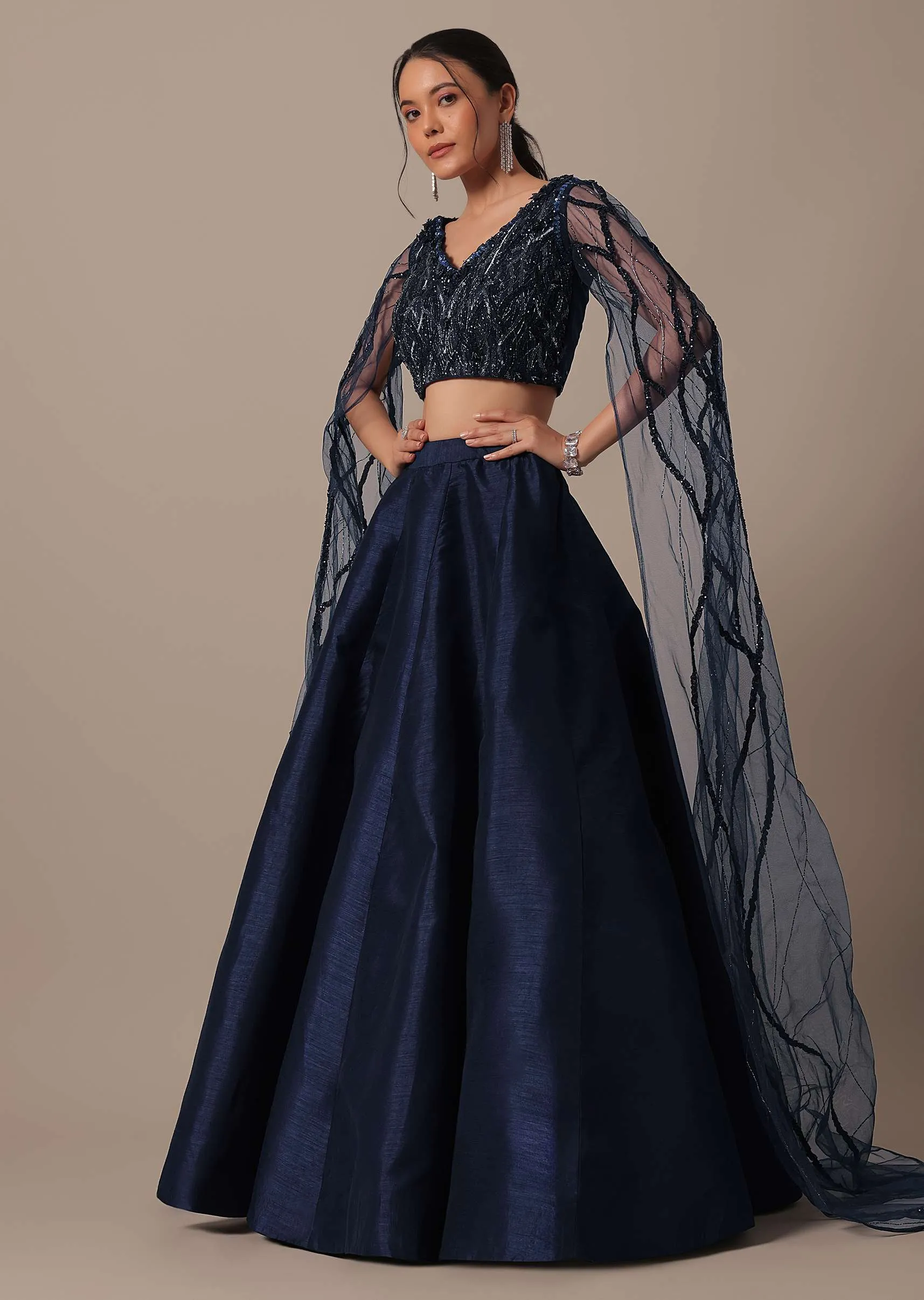 Blue Lehenga Set With Draped Blouse