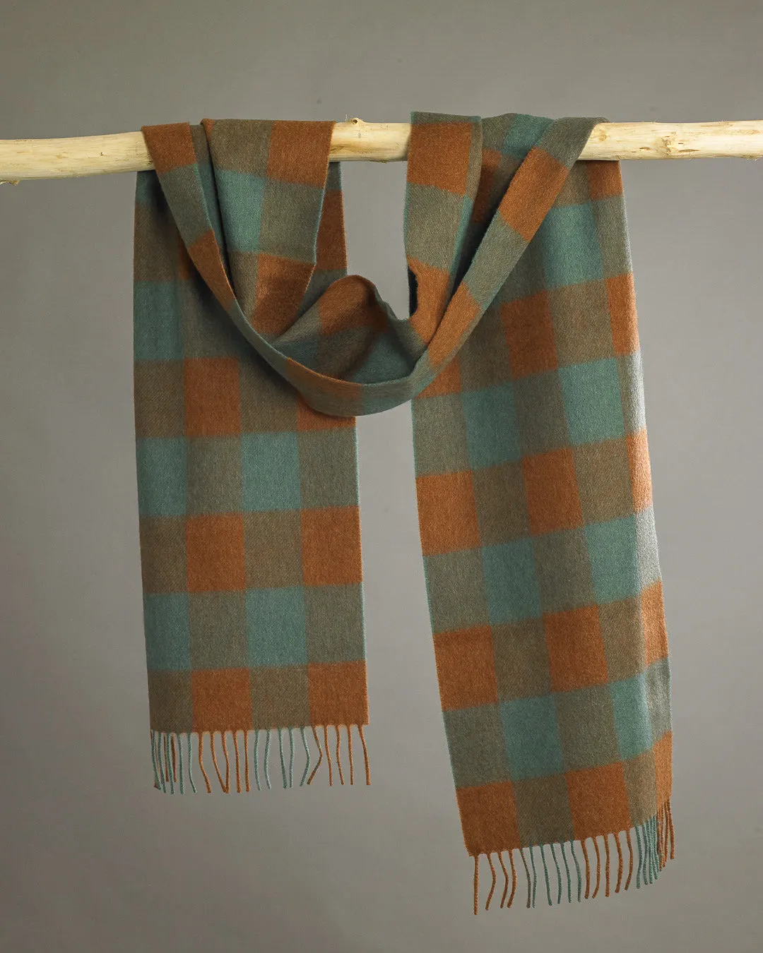 Check 100% Cashmere Scarf Copper x Green