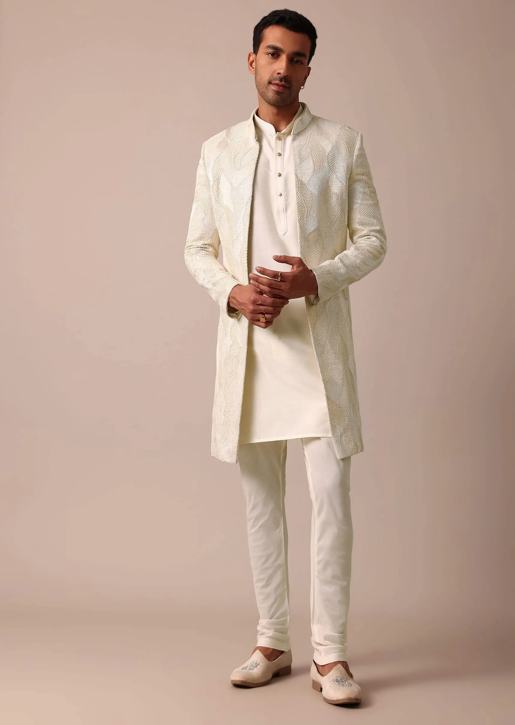 Classic Beige Banarasi Silk Sherwani Set