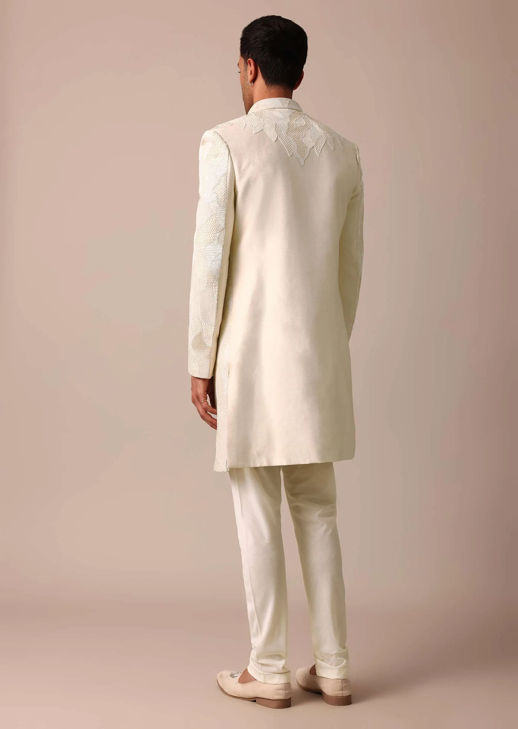 Classic Beige Banarasi Silk Sherwani Set
