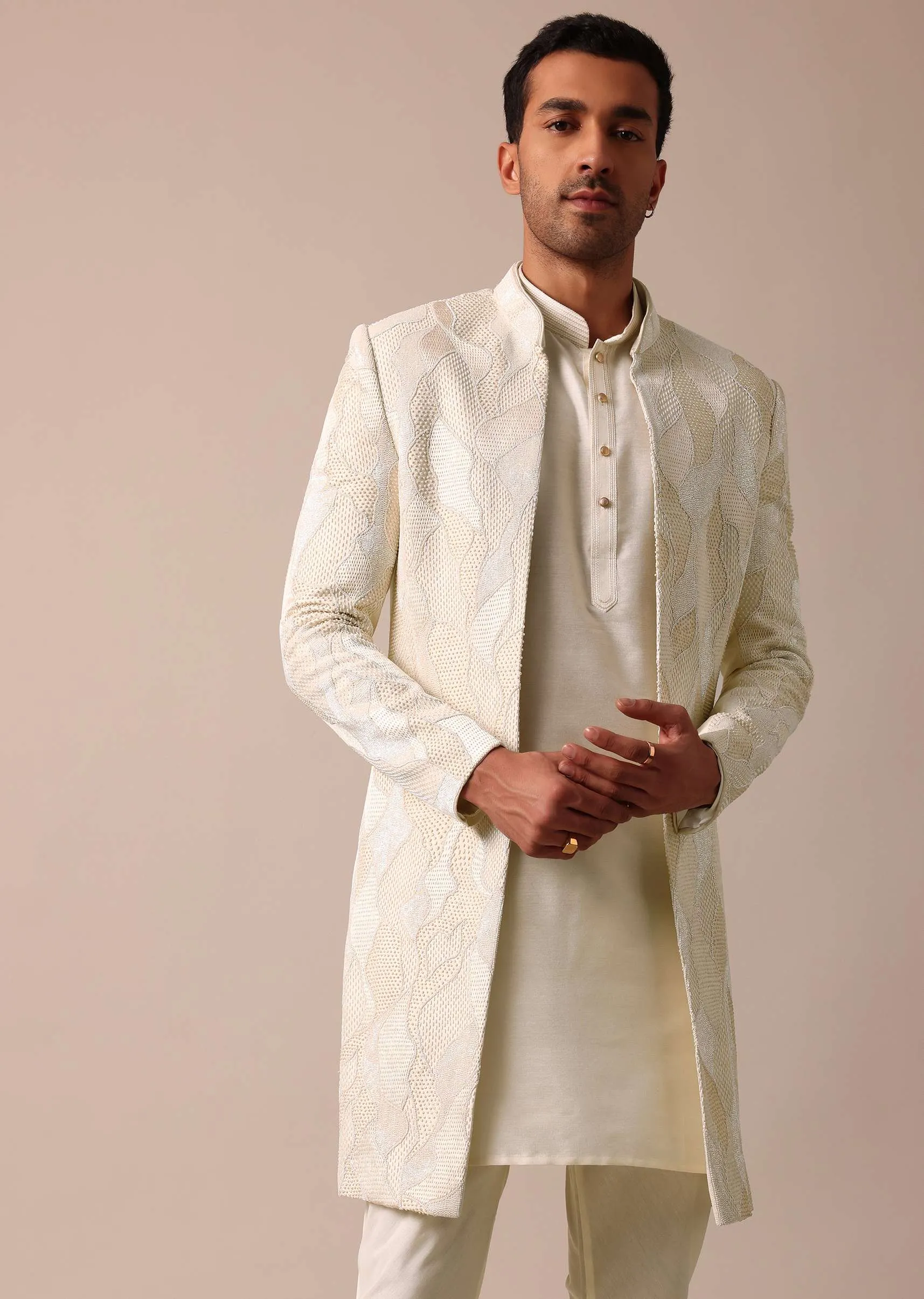 Classic Beige Banarasi Silk Sherwani Set