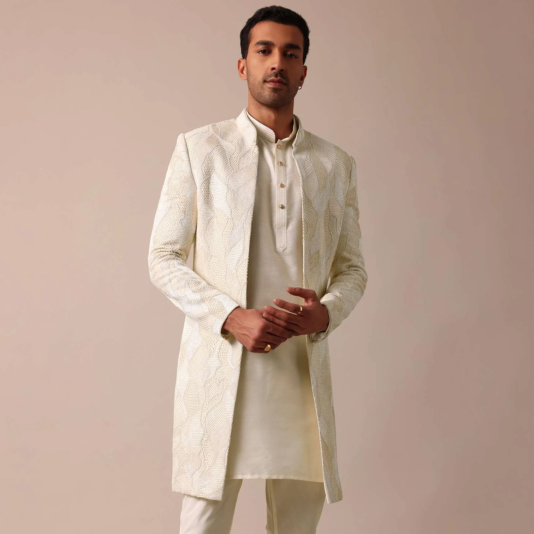 Classic Beige Banarasi Silk Sherwani Set