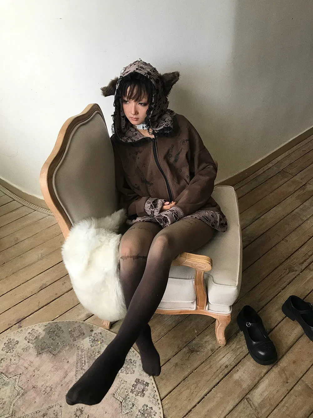 Distressed Puppet Ripped Cat Ear Hooded Zipper Coat
