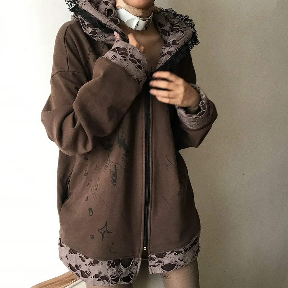 Distressed Puppet Ripped Cat Ear Hooded Zipper Coat