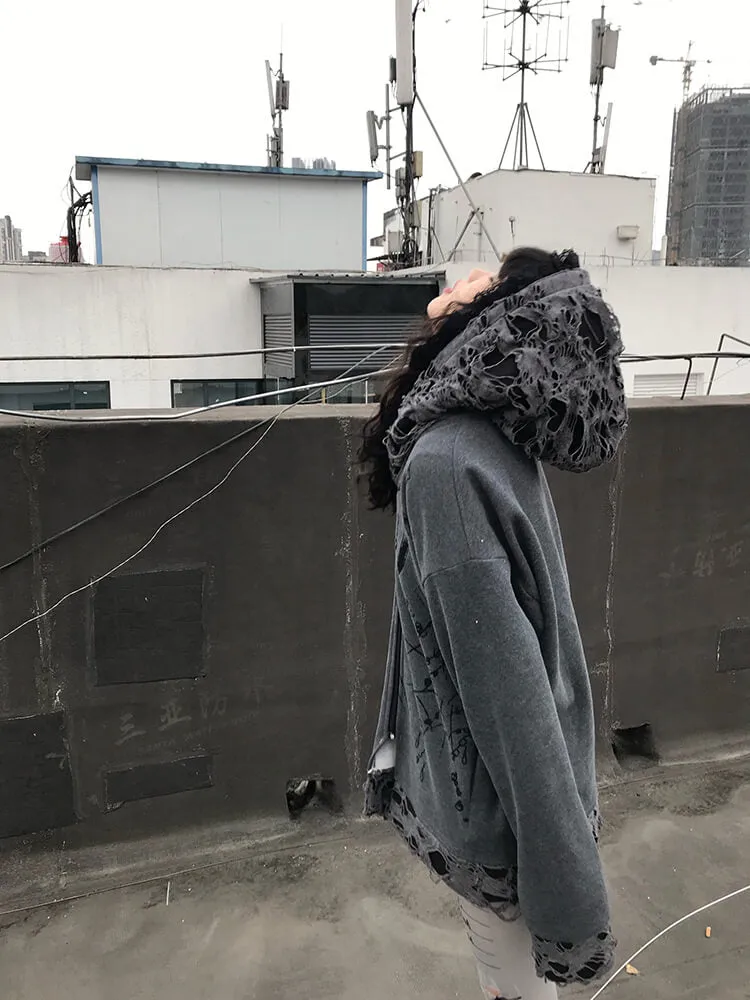 Distressed Puppet Ripped Cat Ear Hooded Zipper Coat
