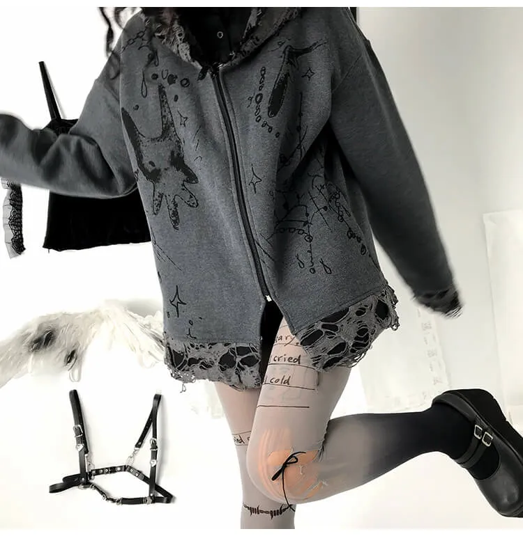 Distressed Puppet Ripped Cat Ear Hooded Zipper Coat