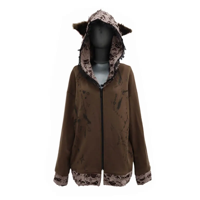 Distressed Puppet Ripped Cat Ear Hooded Zipper Coat
