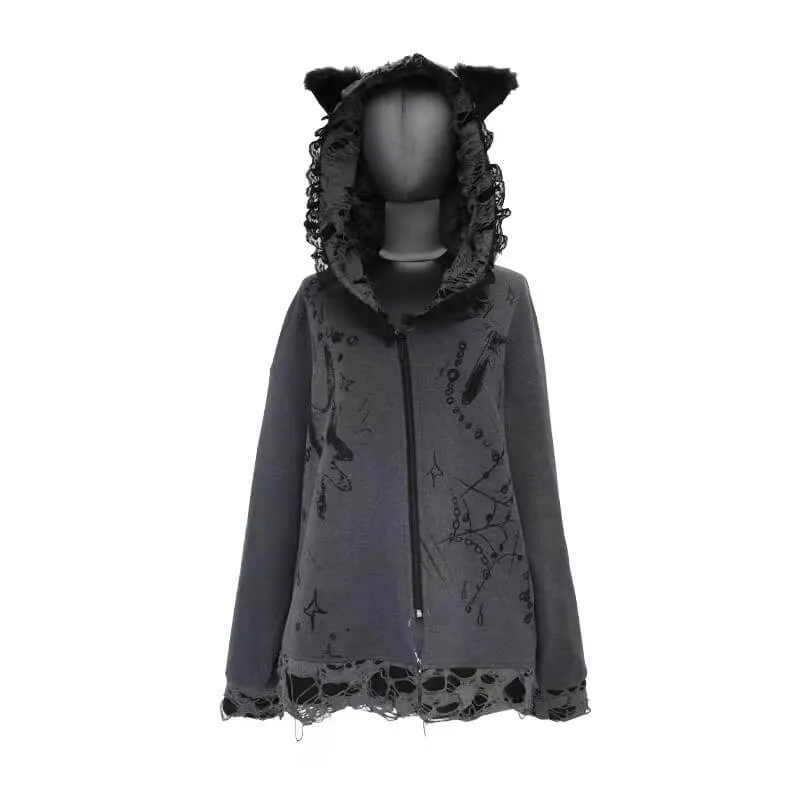 Distressed Puppet Ripped Cat Ear Hooded Zipper Coat