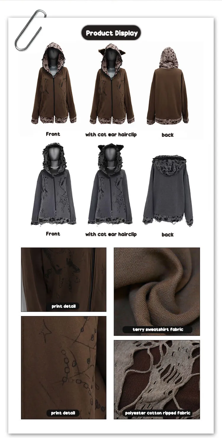Distressed Puppet Ripped Cat Ear Hooded Zipper Coat
