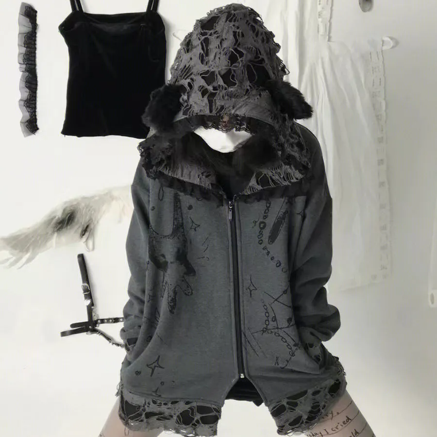 Distressed Puppet Ripped Cat Ear Hooded Zipper Coat