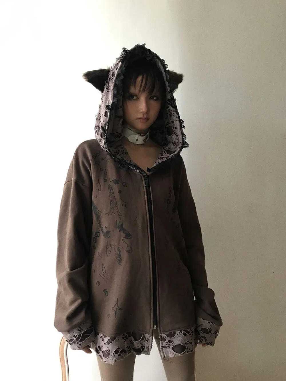 Distressed Puppet Ripped Cat Ear Hooded Zipper Coat