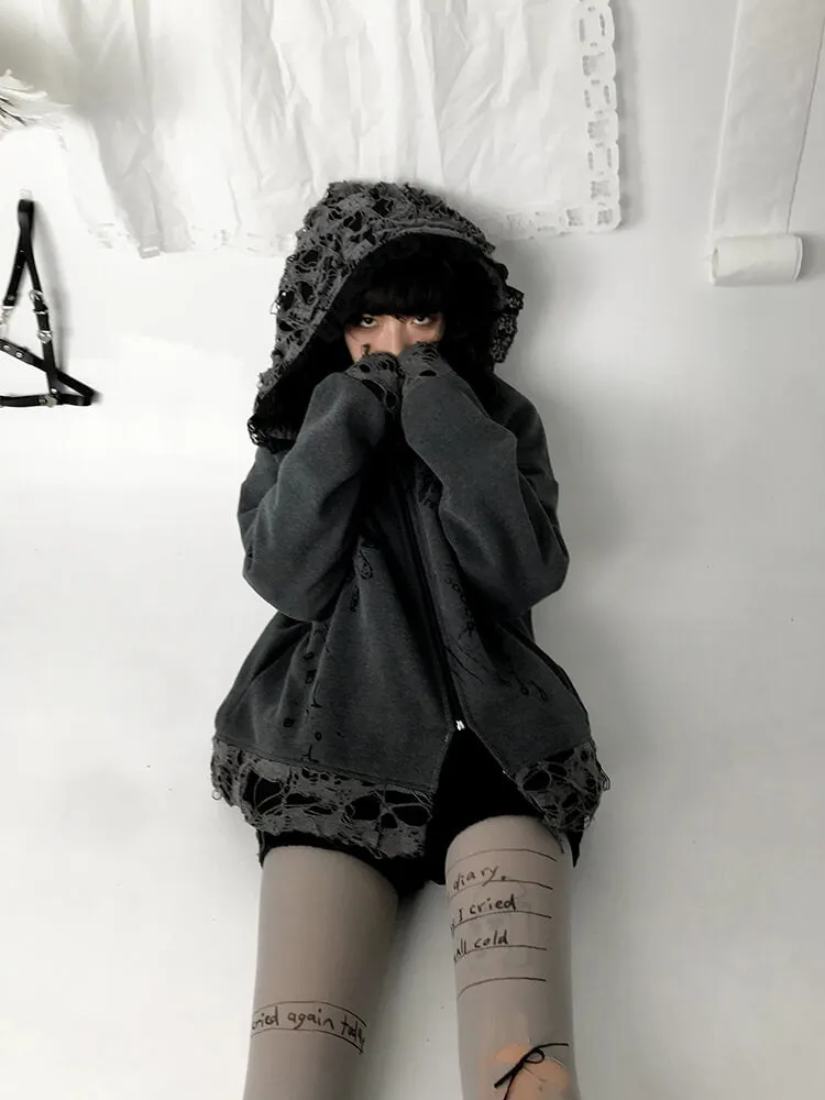 Distressed Puppet Ripped Cat Ear Hooded Zipper Coat