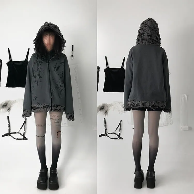 Distressed Puppet Ripped Cat Ear Hooded Zipper Coat