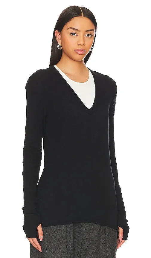 Enza Costa Cashmere Loose V Sweater in Black
