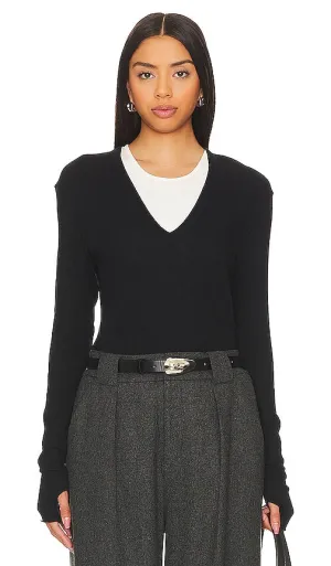 Enza Costa Cashmere Loose V Sweater in Black
