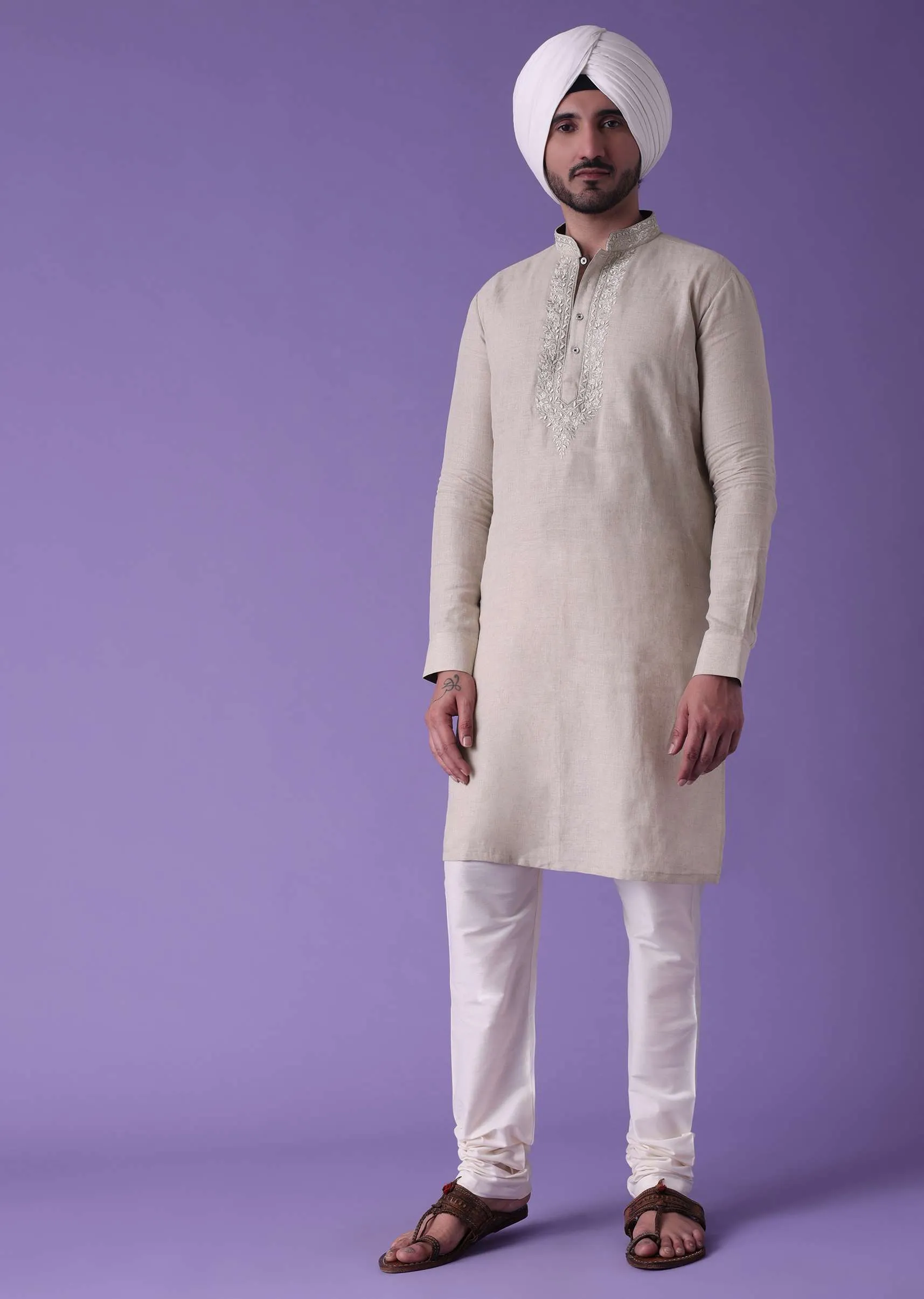 Grey Cotton Silk Kurta With Leather-work