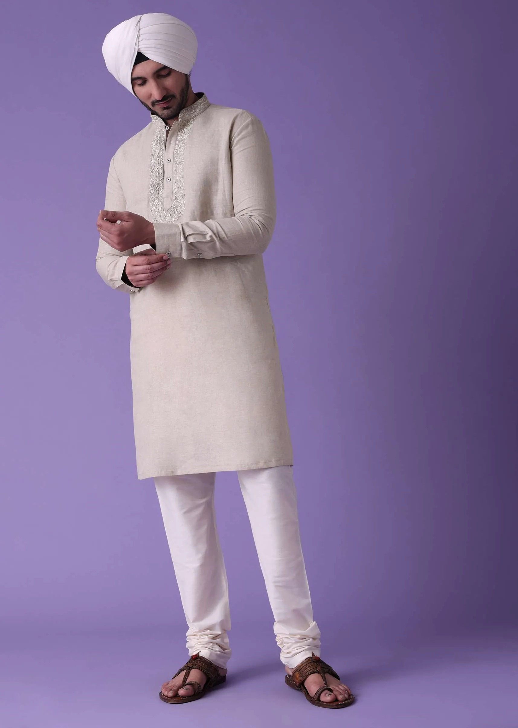 Grey Cotton Silk Kurta With Leather-work