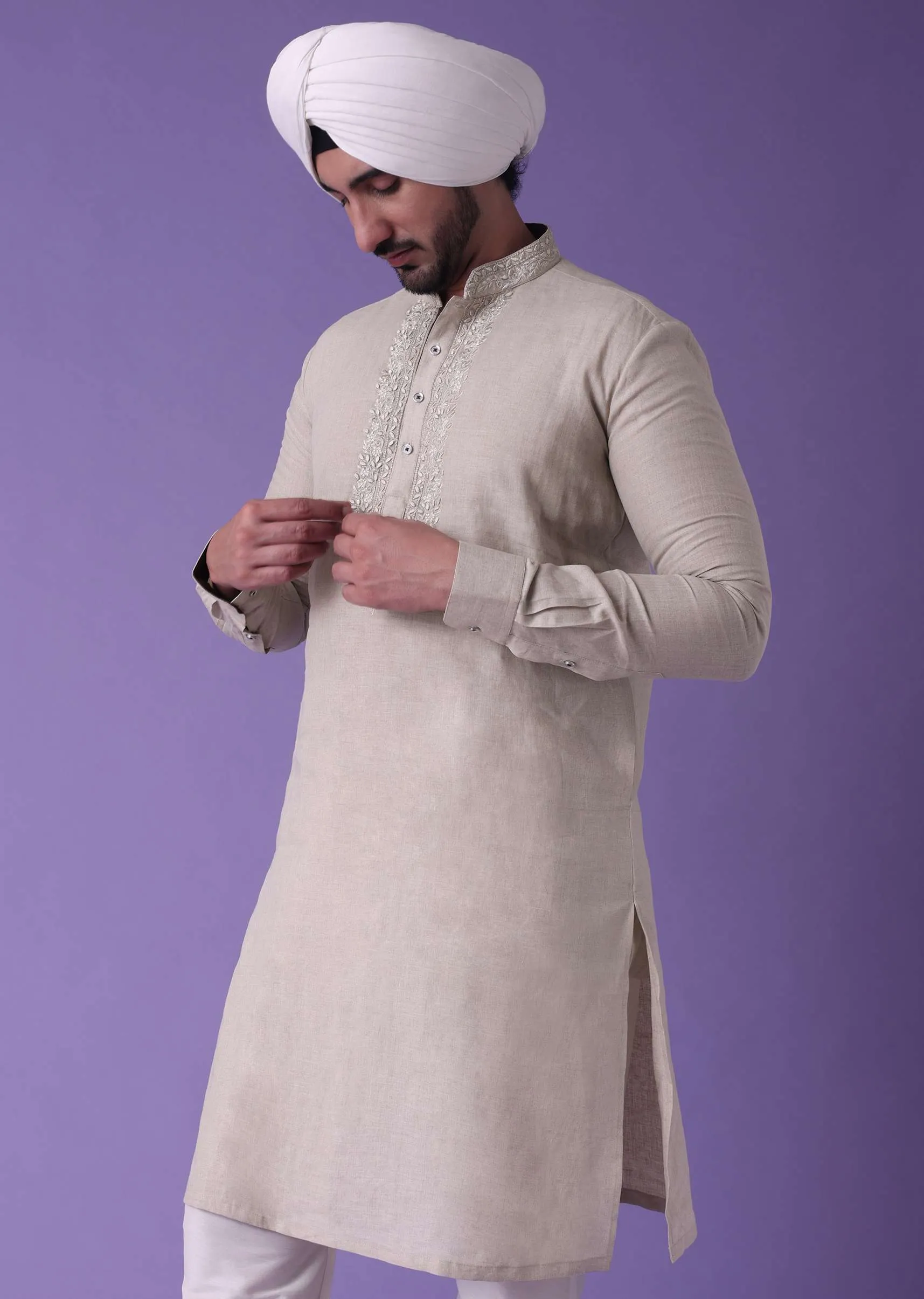 Grey Cotton Silk Kurta With Leather-work