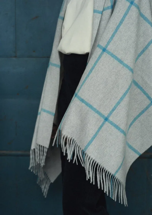 Joshua Ellis Grey & Teal Windowpane Cashmere Stole