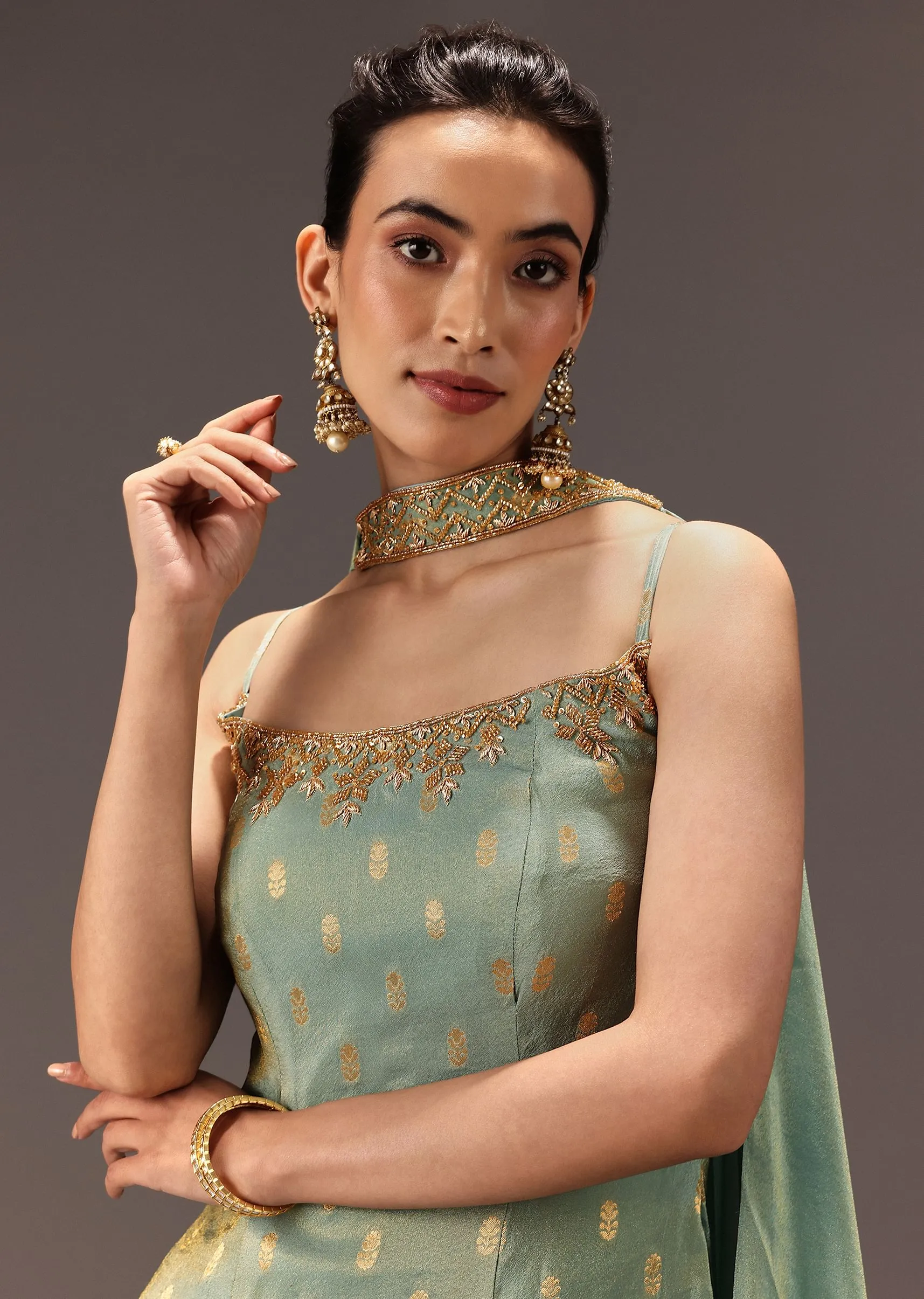 Mint Green Tissue Hand Embroidered Kurta Set