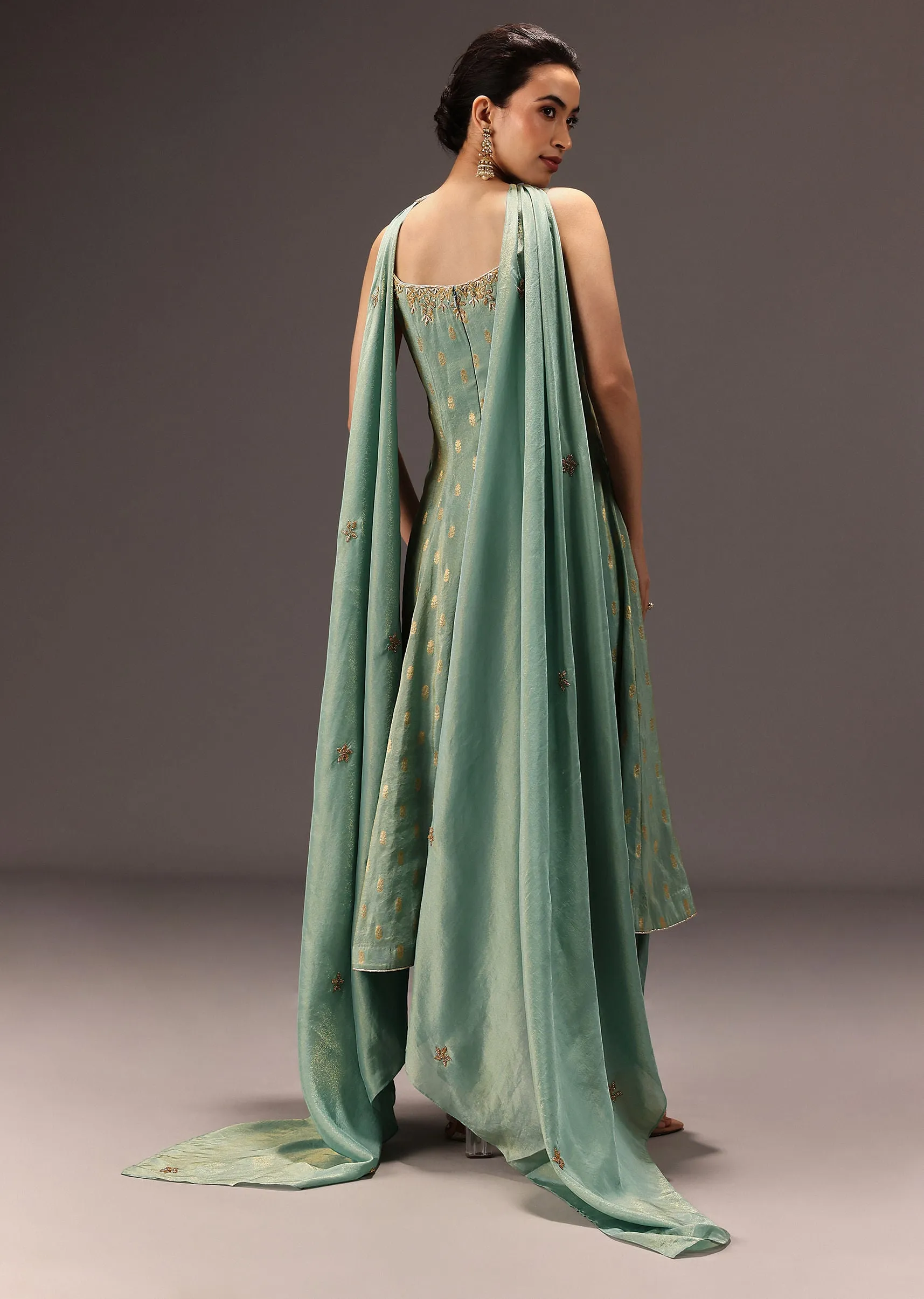 Mint Green Tissue Hand Embroidered Kurta Set