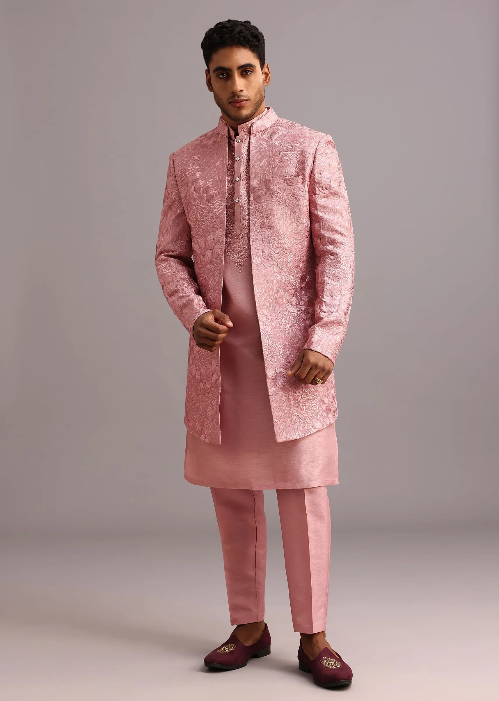 Onion Pink Thread Embroidered Dola Silk Sherwani Set