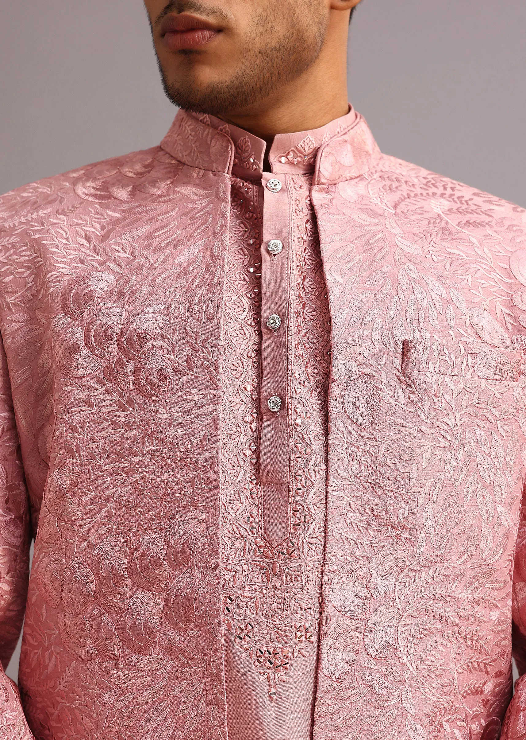 Onion Pink Thread Embroidered Dola Silk Sherwani Set