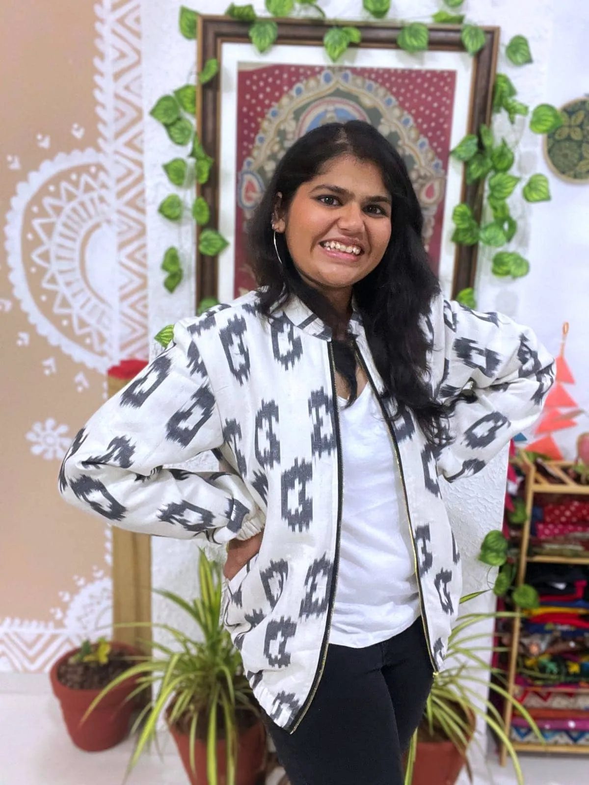 White Ikat Unisex Bomber Jacket
