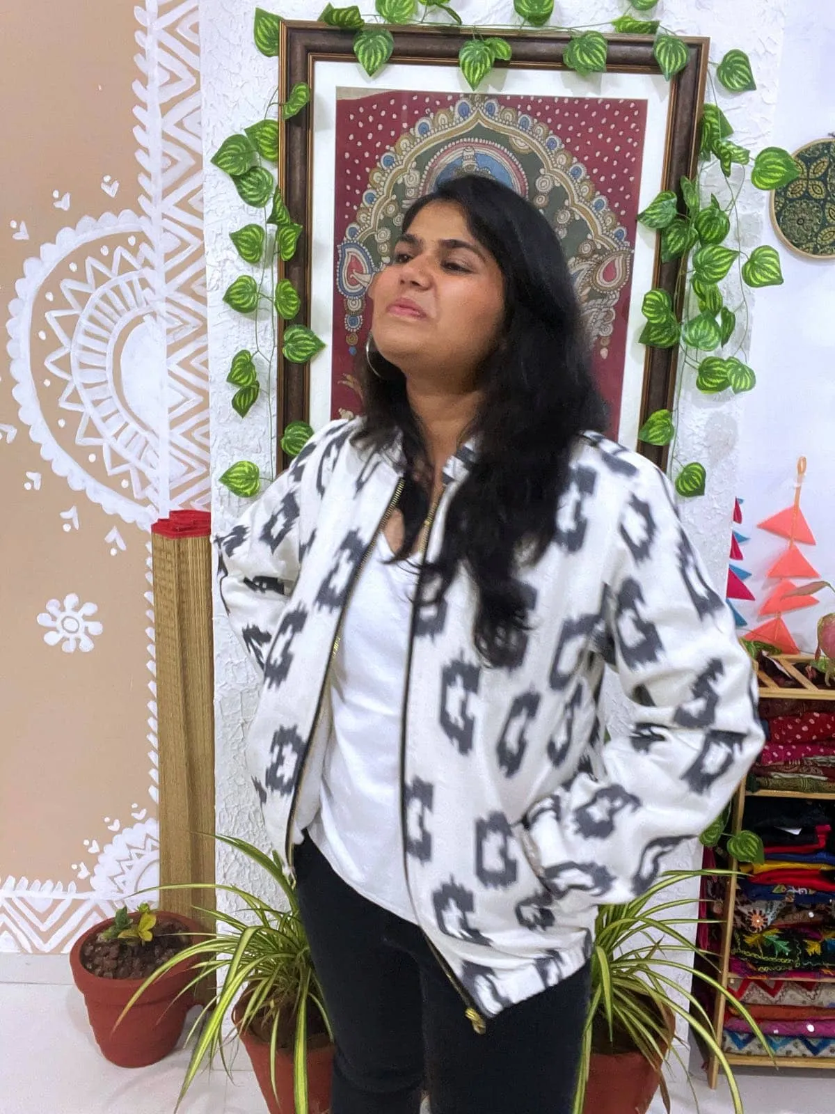 White Ikat Unisex Bomber Jacket